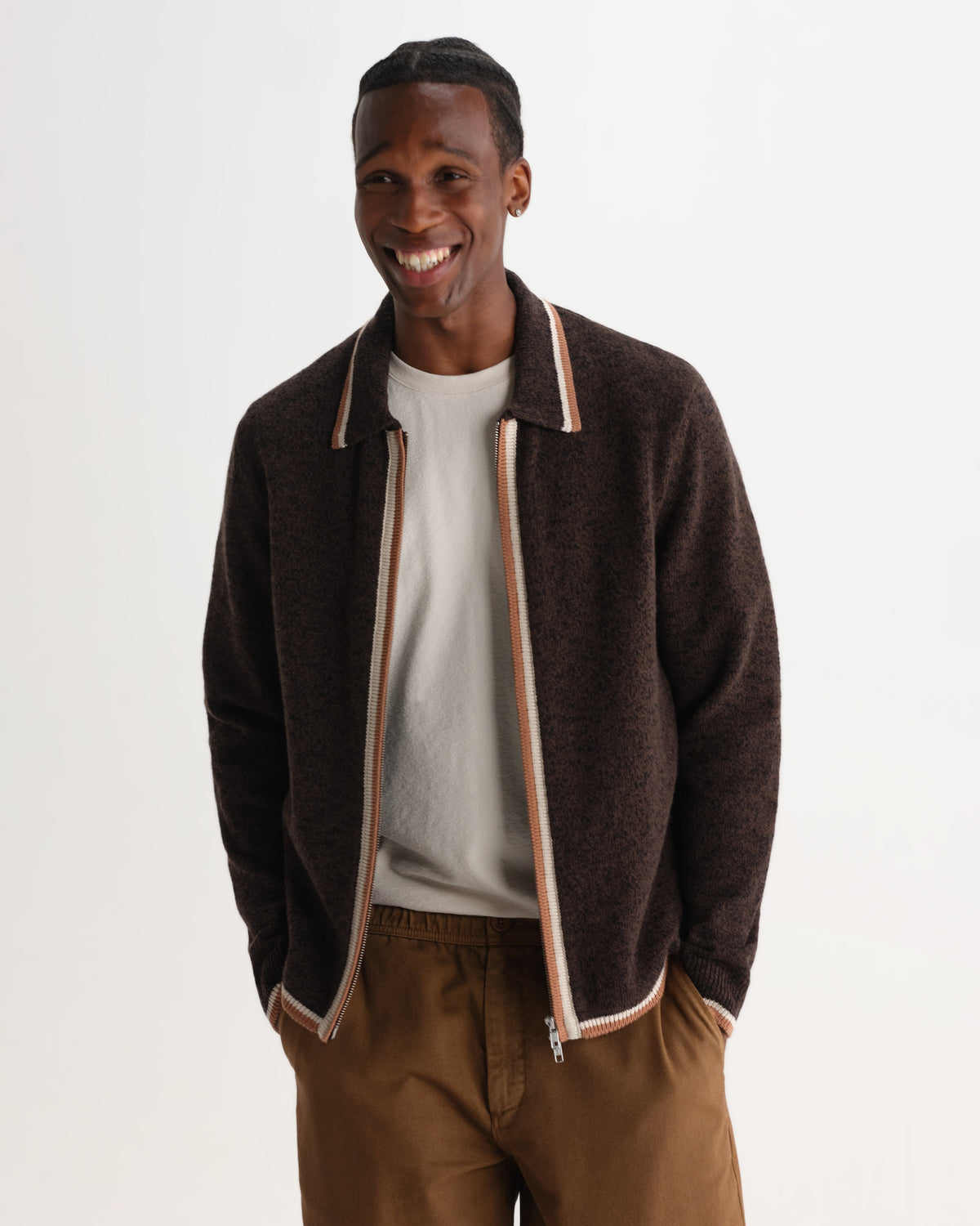 Lennox - Brown And Natural Long-Sleeve Knitted Zip Polo