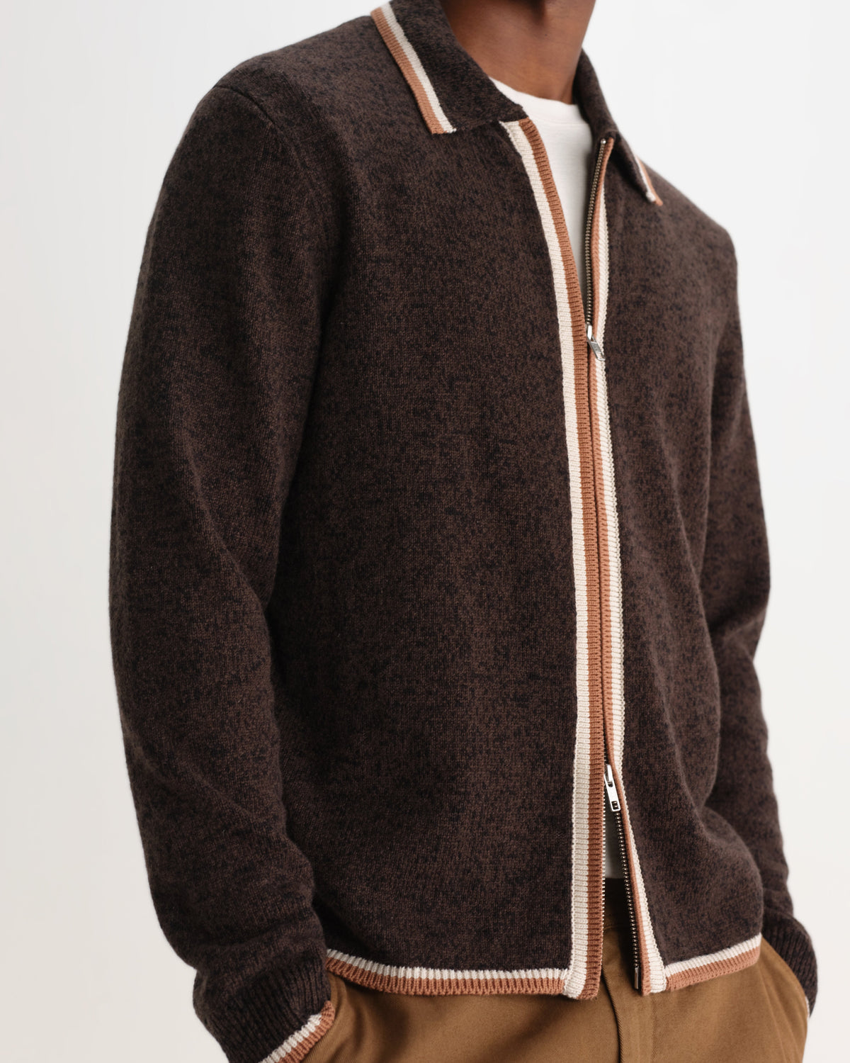 Lennox - Brown And Natural Long-Sleeve Knitted Zip Polo
