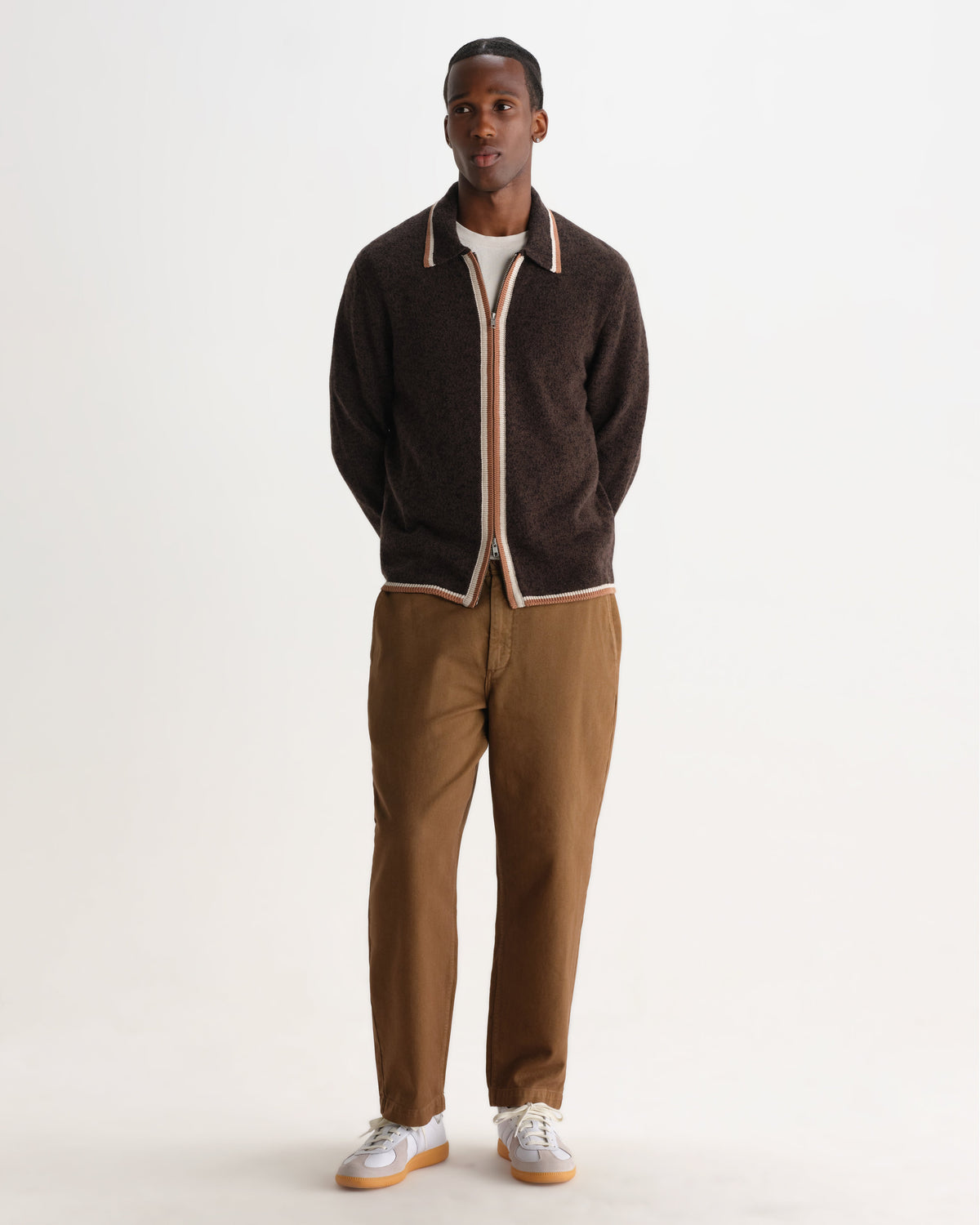 Lennox - Brown And Natural Long-Sleeve Knitted Zip Polo