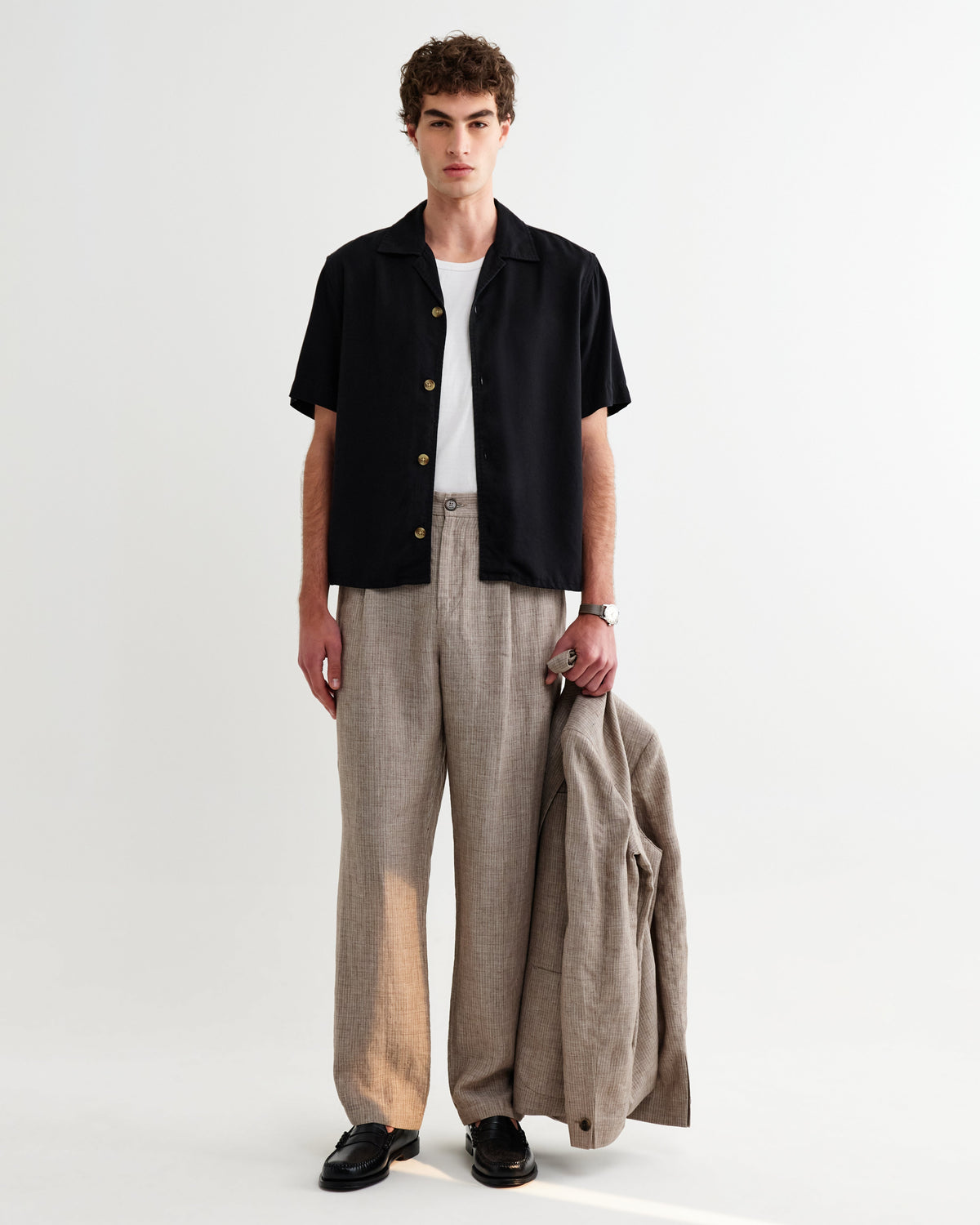 Malham - Natural And Brown Stripe Linen Wide Fit Trousers