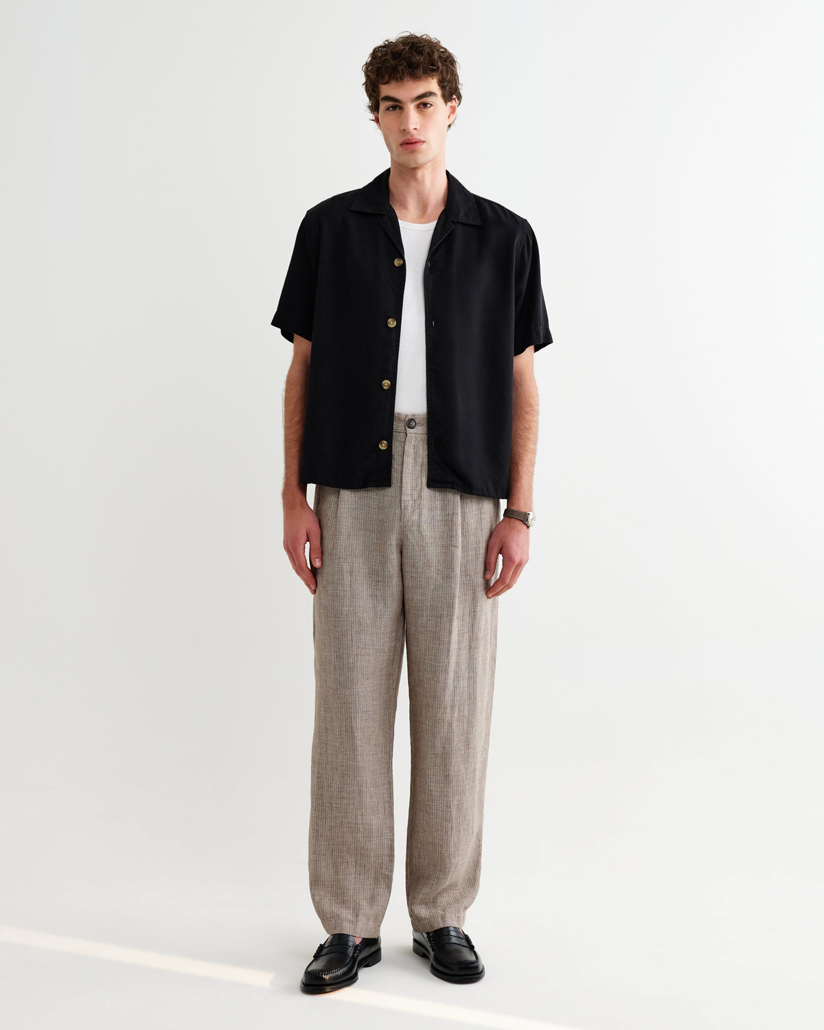 Malham - Natural And Brown Stripe Linen Wide Fit Trousers