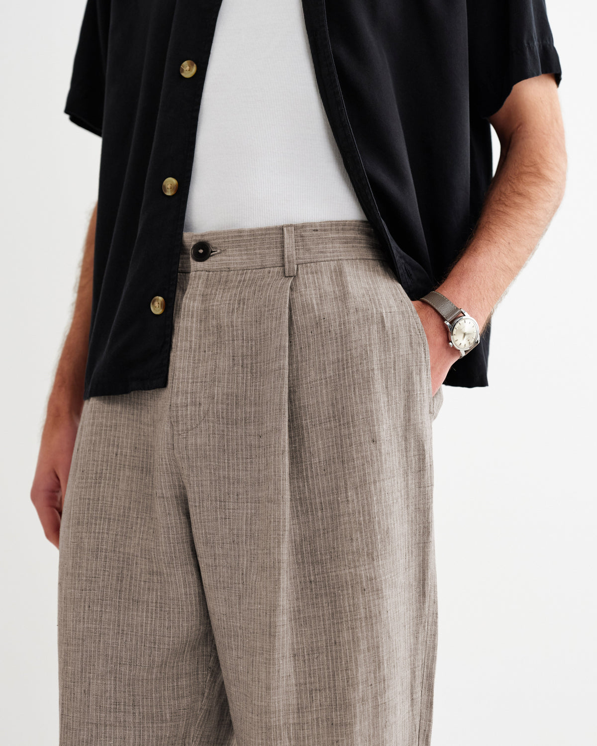 Malham - Natural And Brown Stripe Linen Wide Fit Trousers
