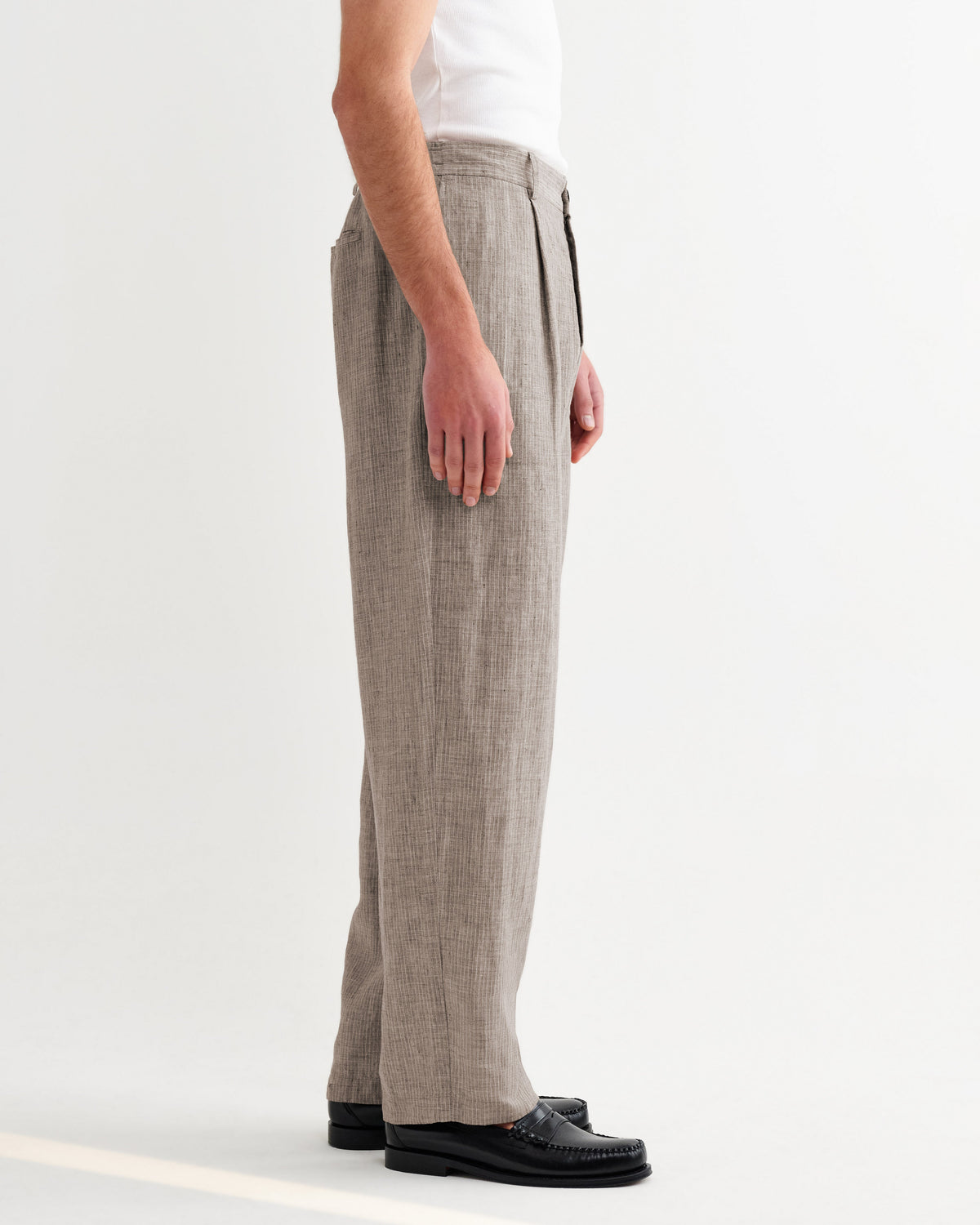 Malham - Natural And Brown Stripe Linen Wide Fit Trousers