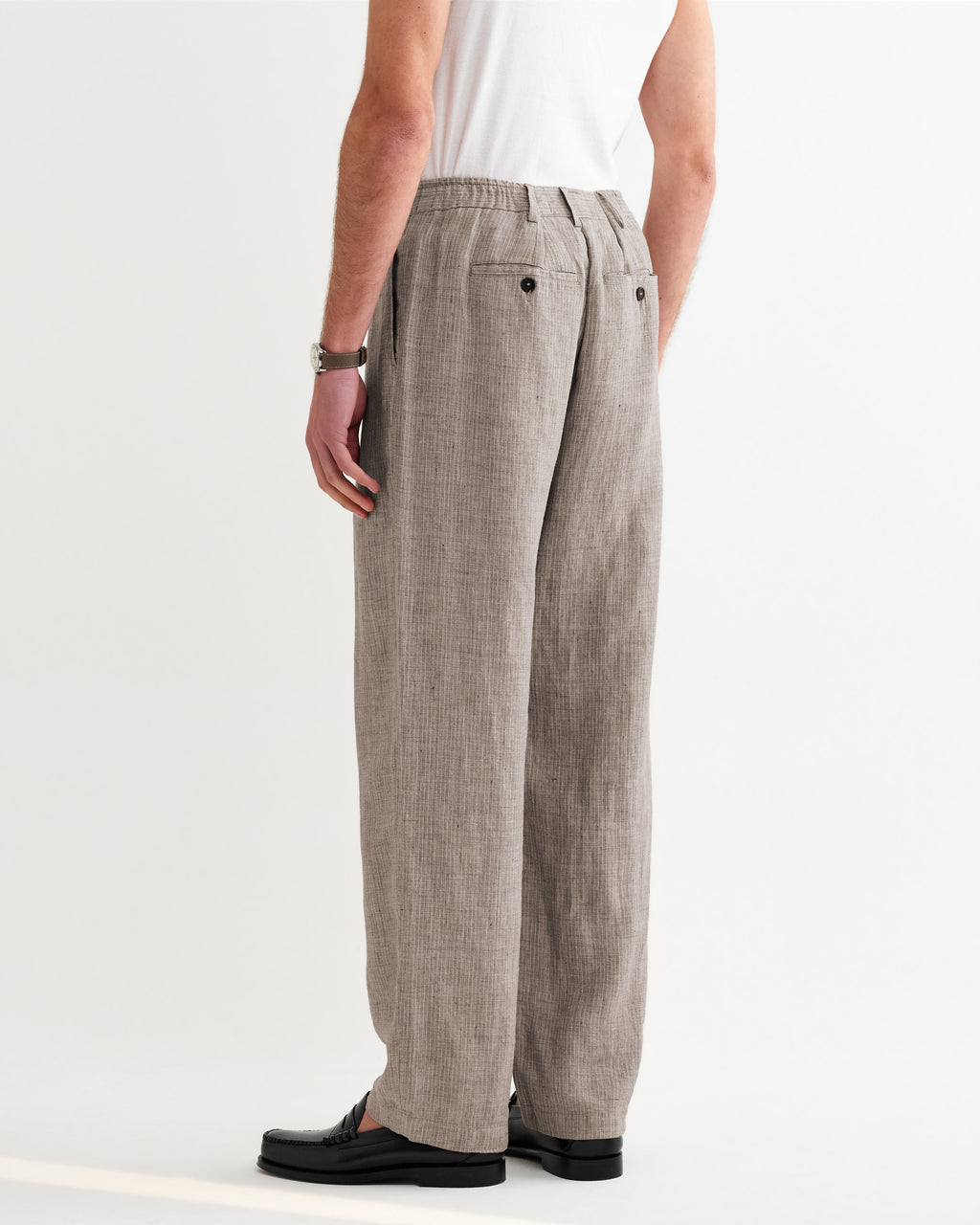 Malham - Natural And Brown Stripe Linen Wide Fit Trousers