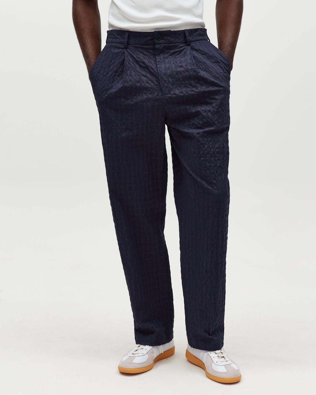 Malham - Navy Dobby Cotton Wide Fit Trousers