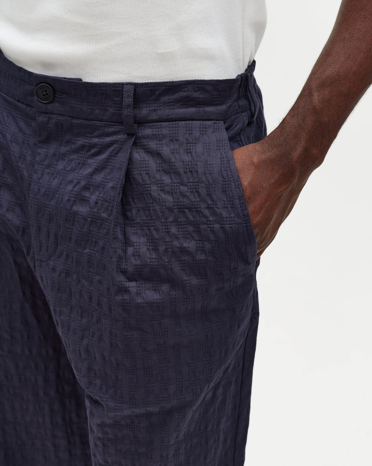 Malham - Navy Dobby Cotton Wide Fit Trousers