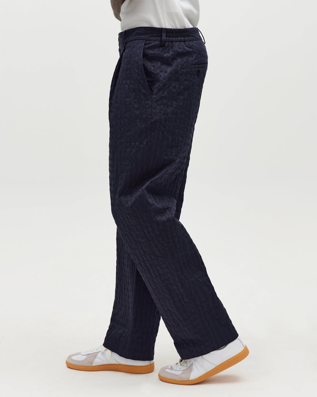 Malham - Navy Dobby Cotton Wide Fit Trousers