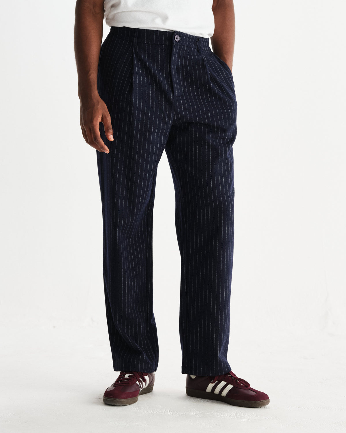 Malham - Navy Pinstripe Wool Trousers