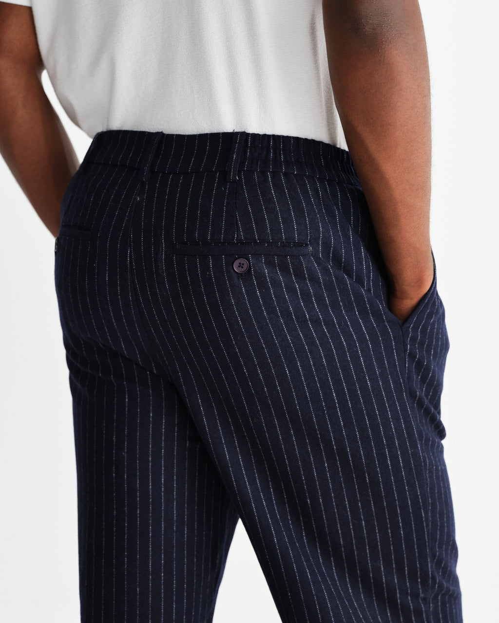 Malham - Navy Pinstripe Wool Trousers