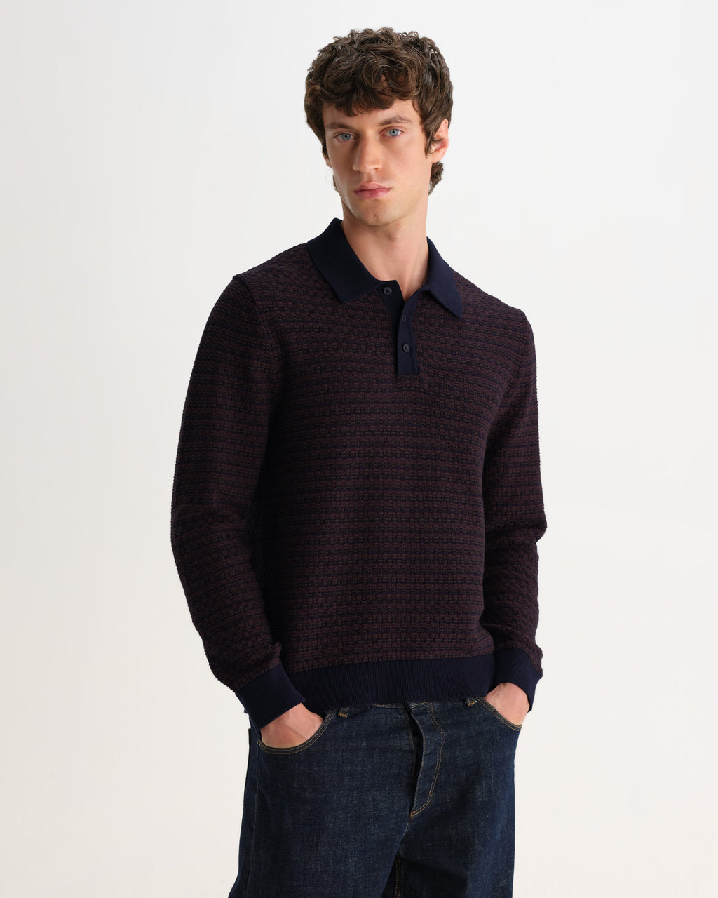 Oban - Brown And Navy Geometric Long-Sleeve Knitted Polo