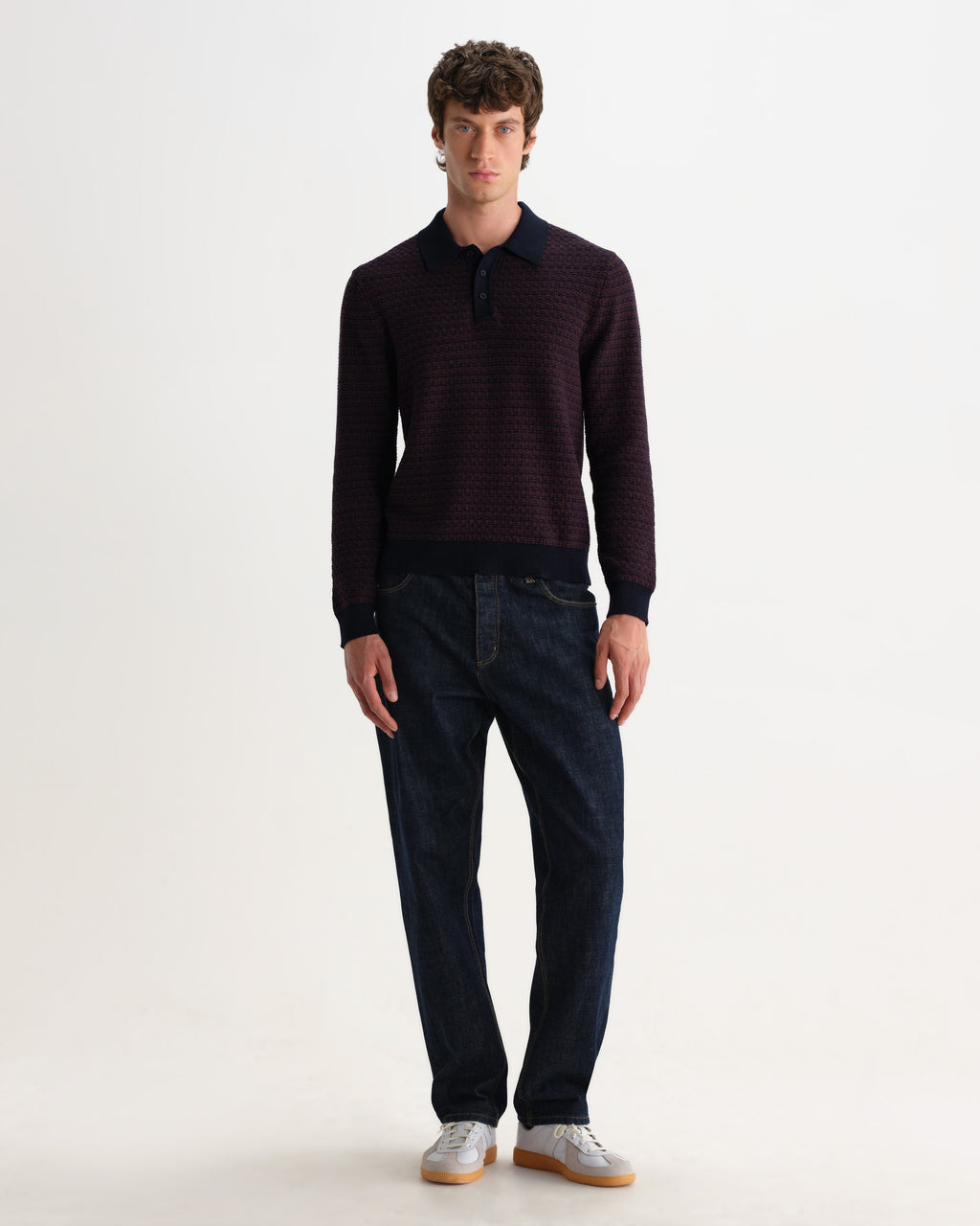Oban - Brown And Navy Geometric Long-Sleeve Knitted Polo