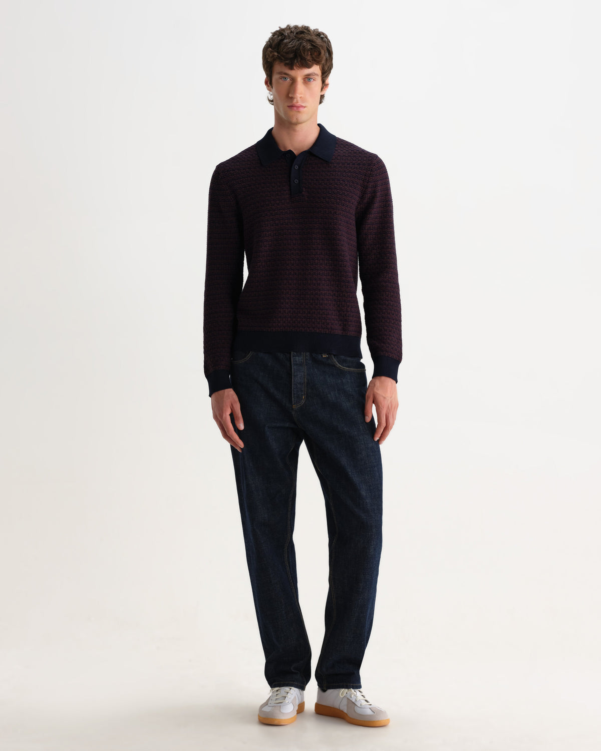 Oban - Brown And Navy Geometric Long-Sleeve Knitted Polo