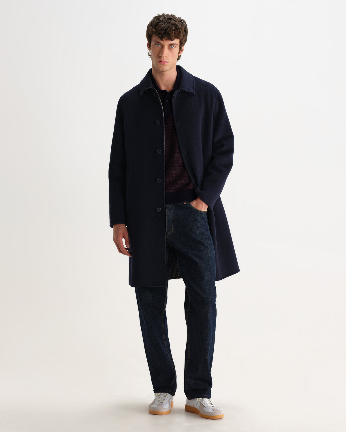 Oban - Brown And Navy Geometric Long-Sleeve Knitted Polo