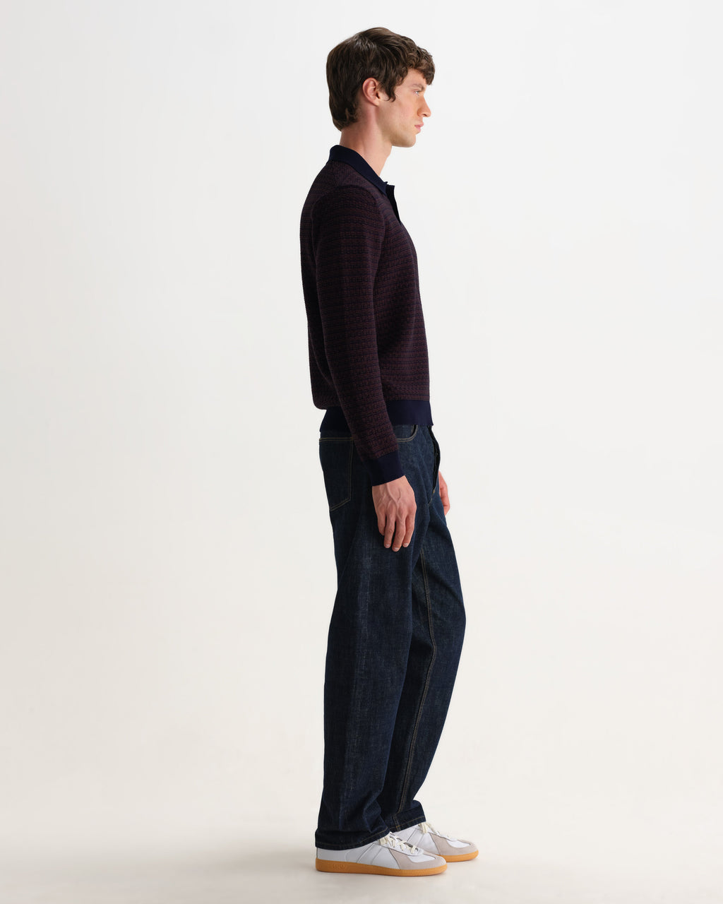 Oban - Brown And Navy Geometric Long-Sleeve Knitted Polo