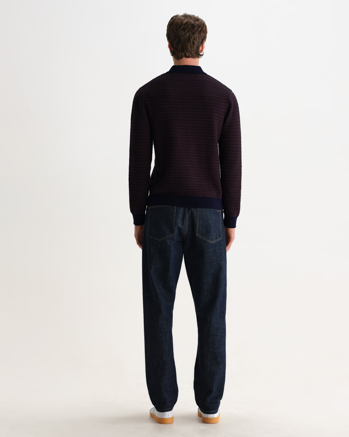 Oban - Brown And Navy Geometric Long-Sleeve Knitted Polo