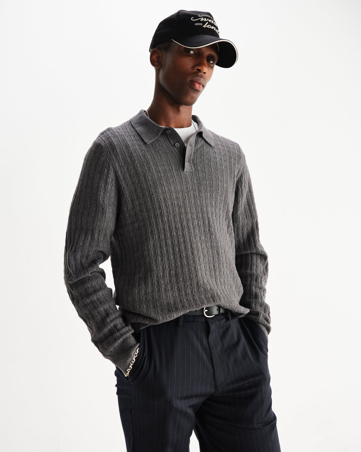 Oban - Grey Marl Diamond Stripe Knitted Polo