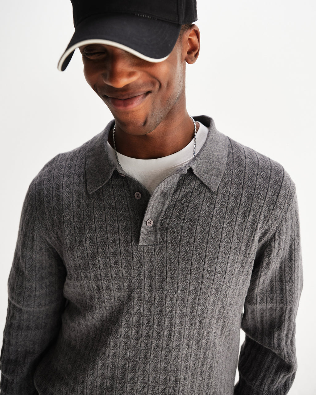 Oban - Grey Marl Diamond Stripe Knitted Polo