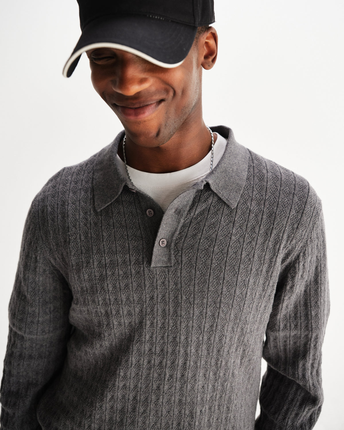 Oban - Grey Marl Diamond Stripe Knitted Polo