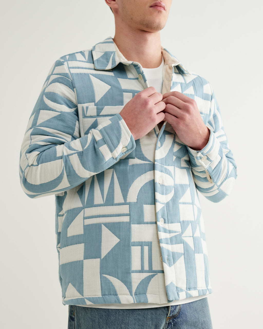 Otto - Light Blue And Ecru Quilted Jacquard Overshirt