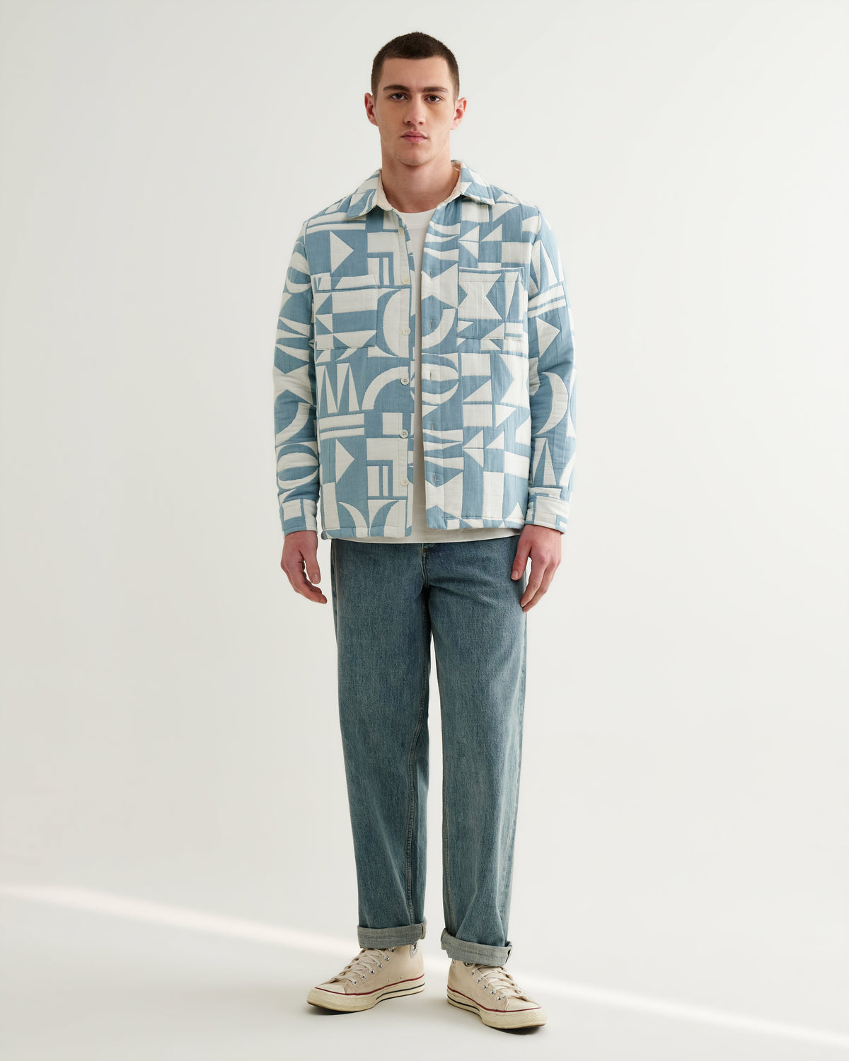 Otto - Light Blue And Ecru Quilted Jacquard Overshirt