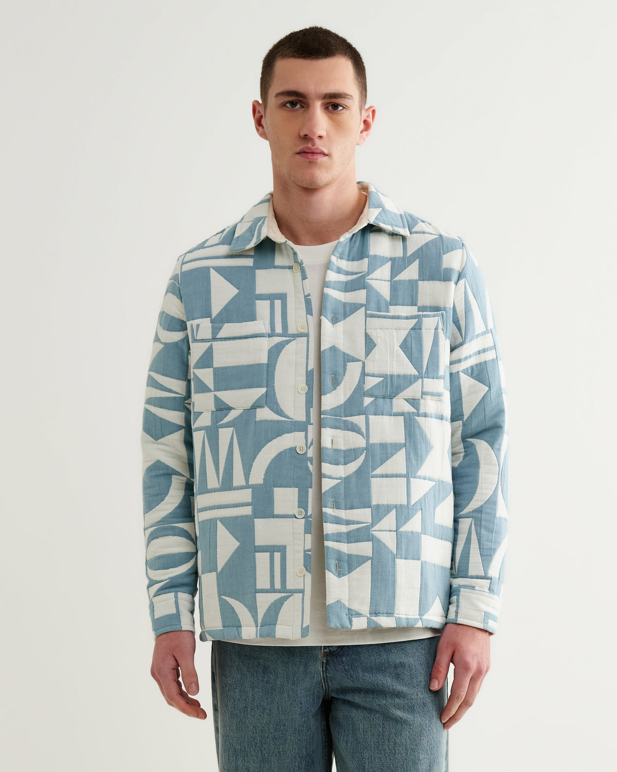 Otto - Light Blue And Ecru Quilted Jacquard Overshirt