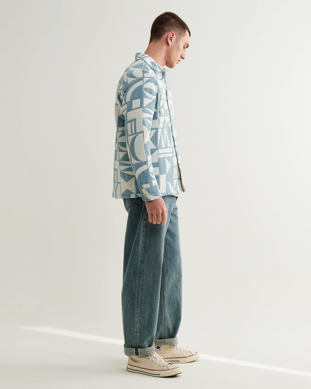 Otto - Light Blue And Ecru Quilted Jacquard Overshirt