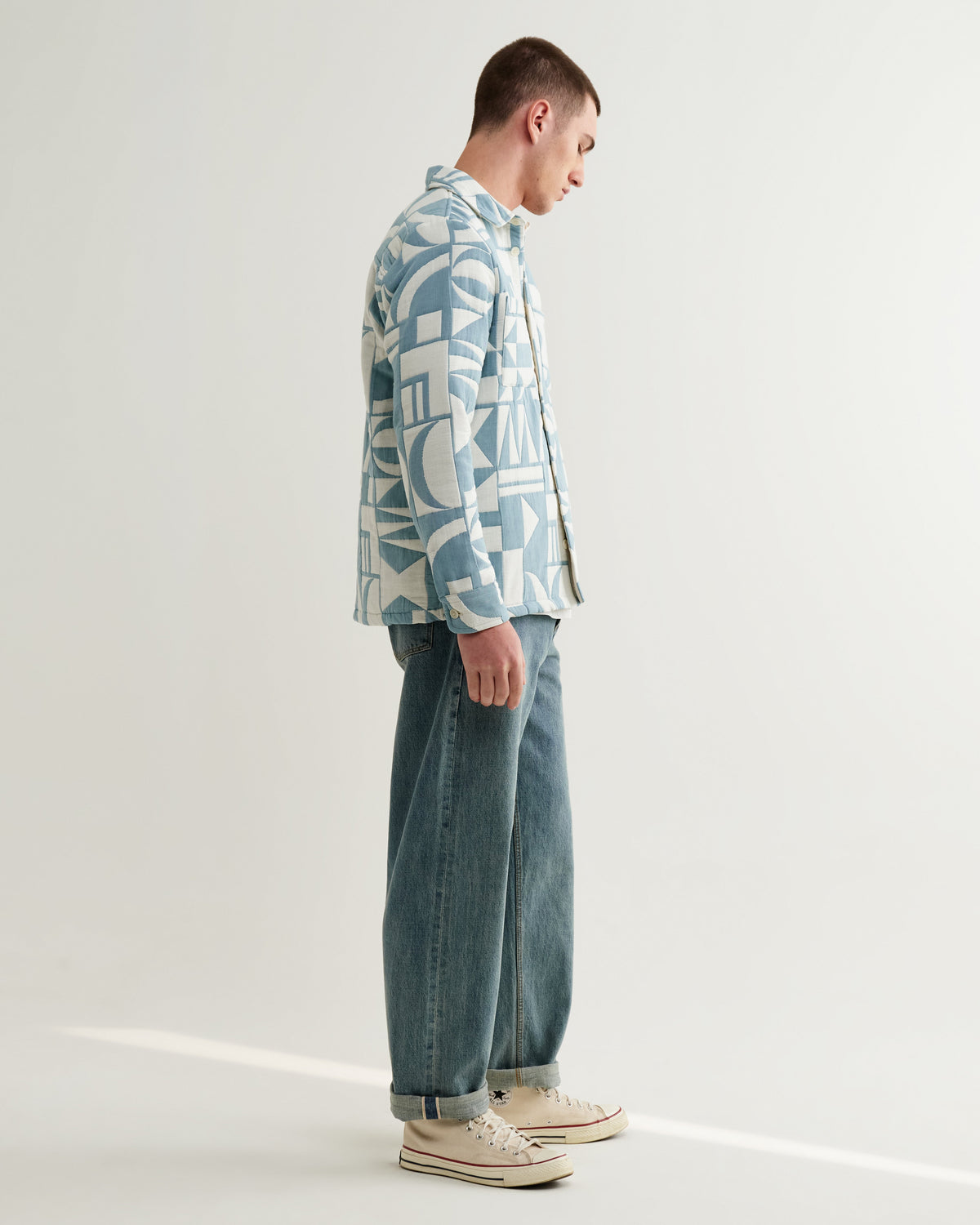 Otto - Light Blue And Ecru Quilted Jacquard Overshirt