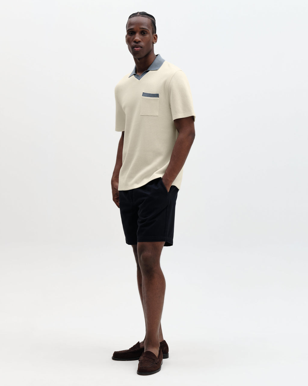 Pendal - Ecru And Blue Ribbed Organic Cotton Polo Shirt