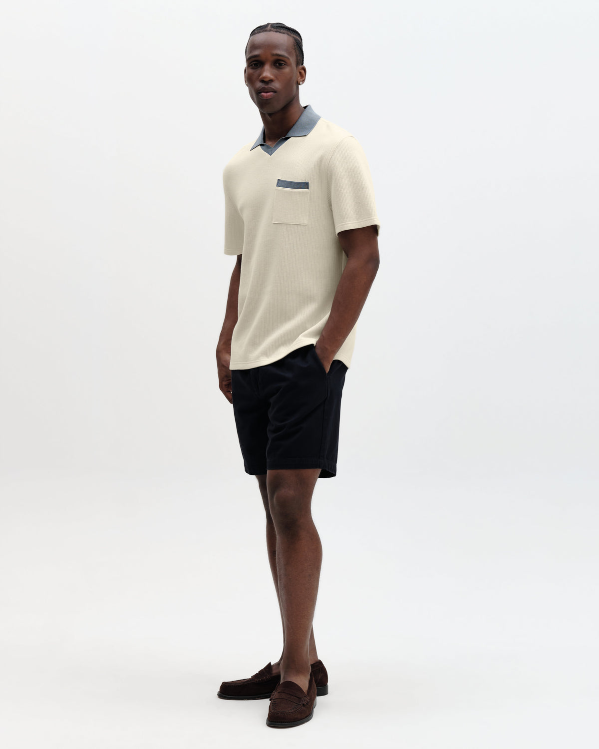Pendal - Ecru And Blue Ribbed Organic Cotton Polo Shirt