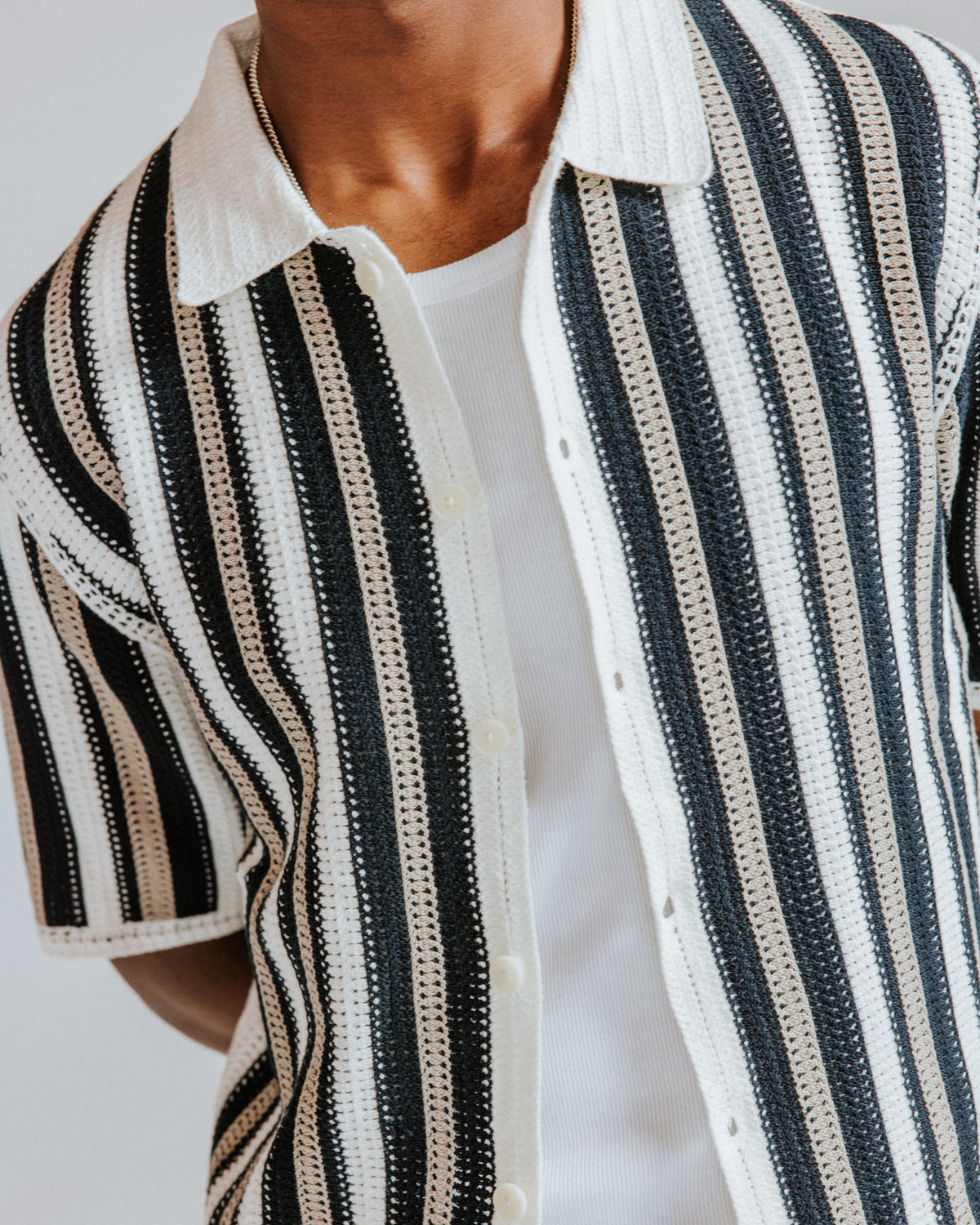 Porto - Ecru And Black Stripe Crochet Knitted Shirt