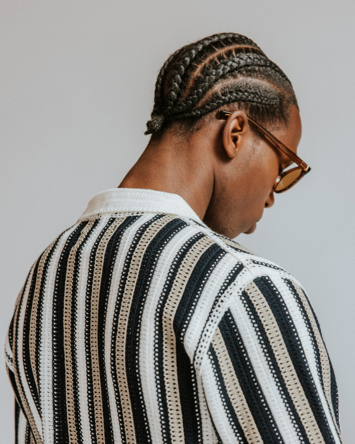 Porto - Ecru And Black Stripe Crochet Knitted Shirt