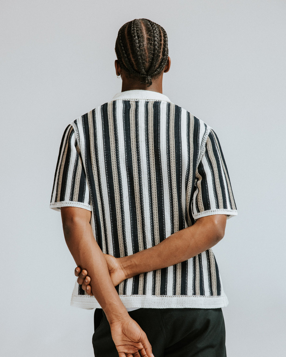 Porto - Ecru And Black Stripe Crochet Knitted Shirt