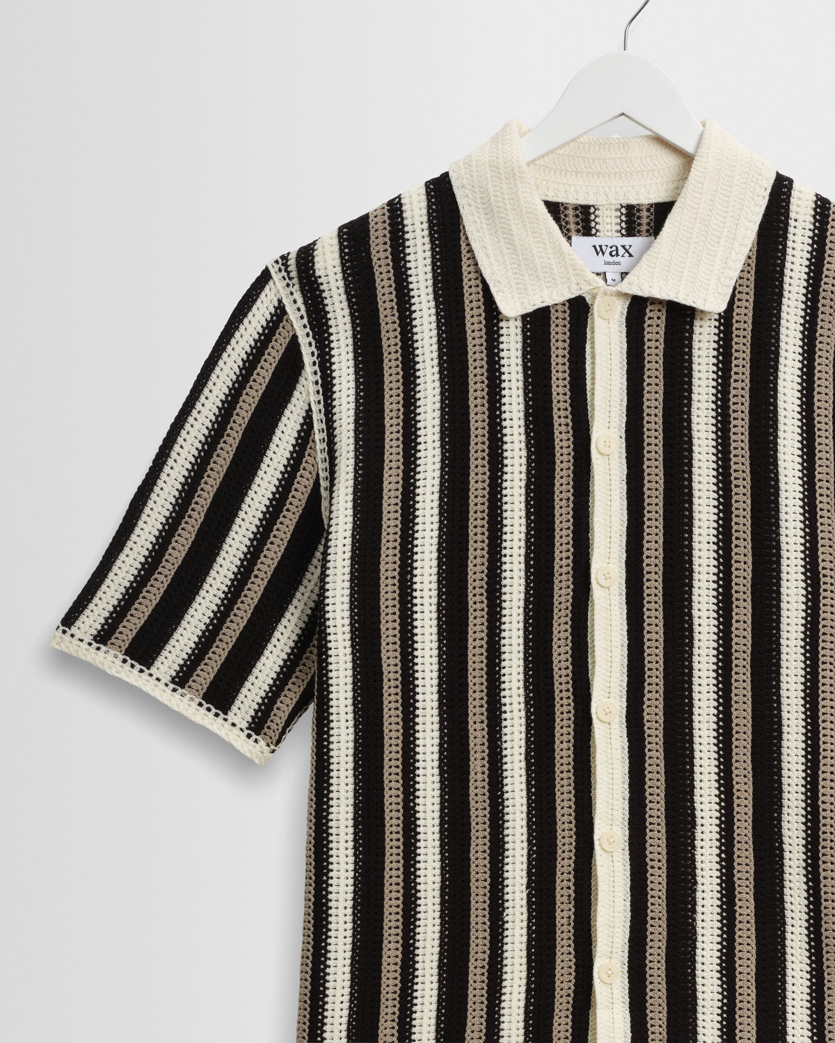 Porto - Ecru And Black Stripe Crochet Knitted Shirt