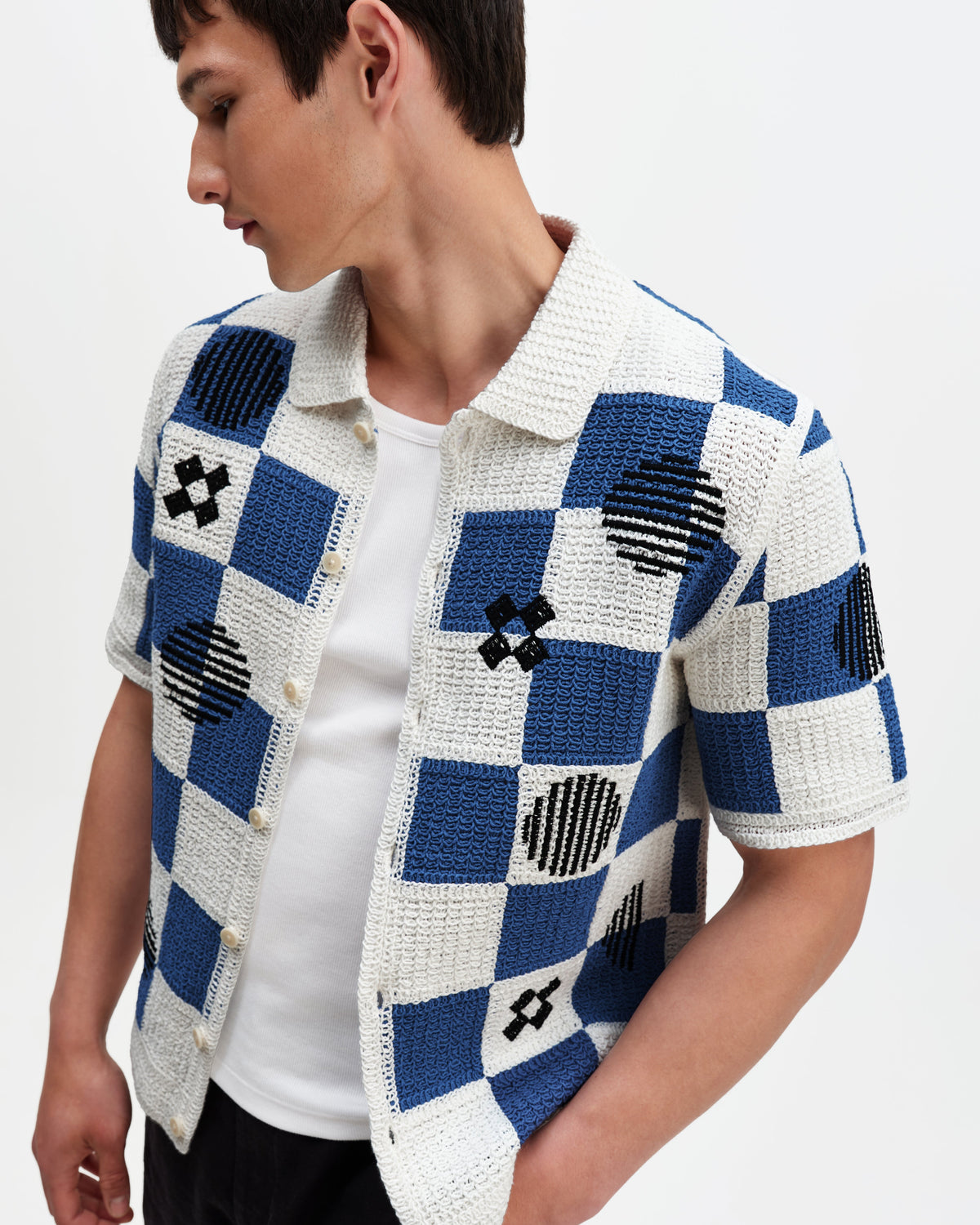 Porto - Ecru And Blue Square Crochet Knitted Shirt