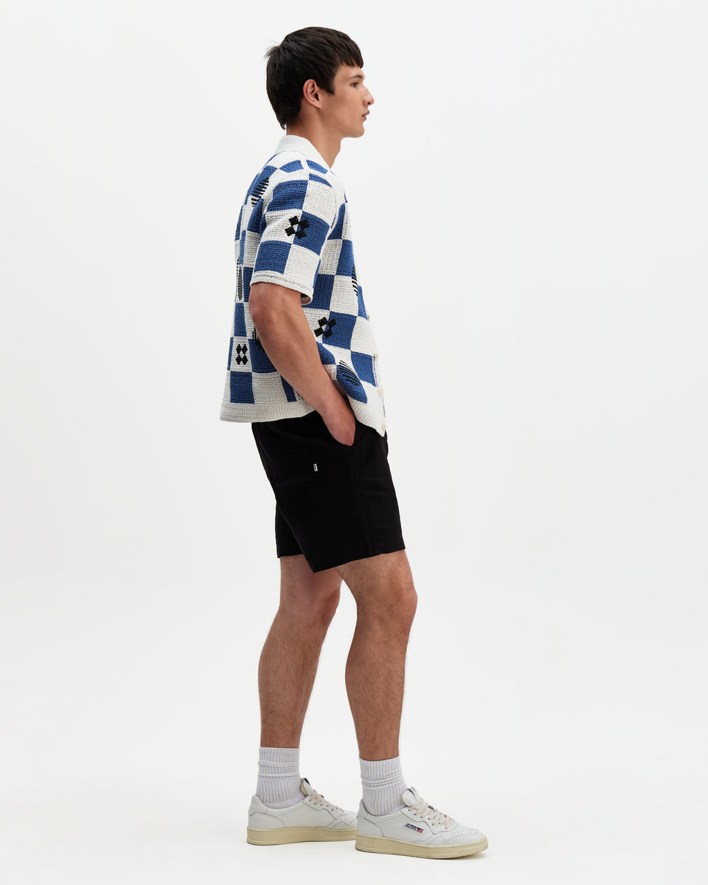 Porto - Ecru And Blue Square Crochet Knitted Shirt