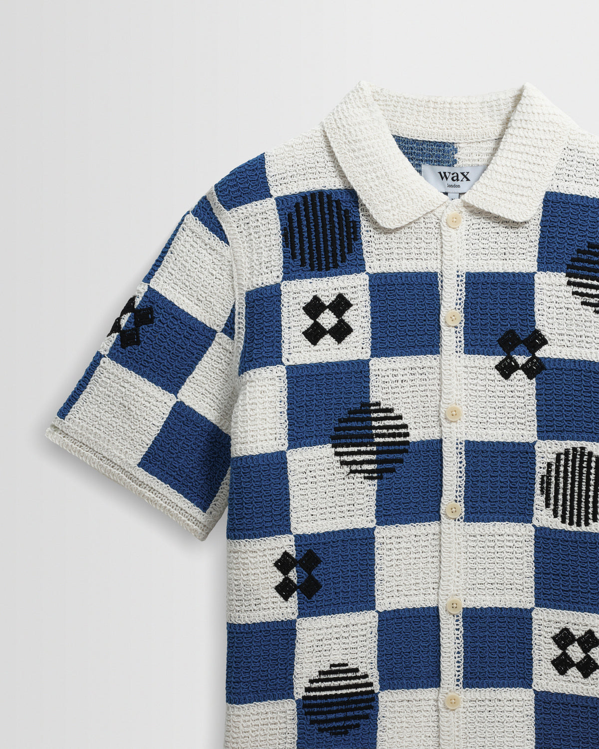 Porto - Ecru And Blue Square Crochet Knitted Shirt