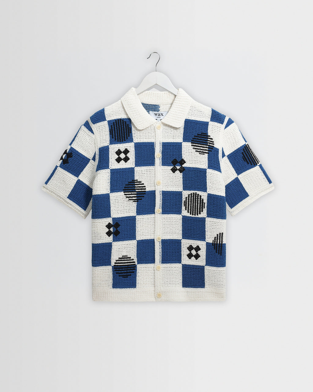 Porto - Ecru And Blue Square Crochet Knitted Shirt
