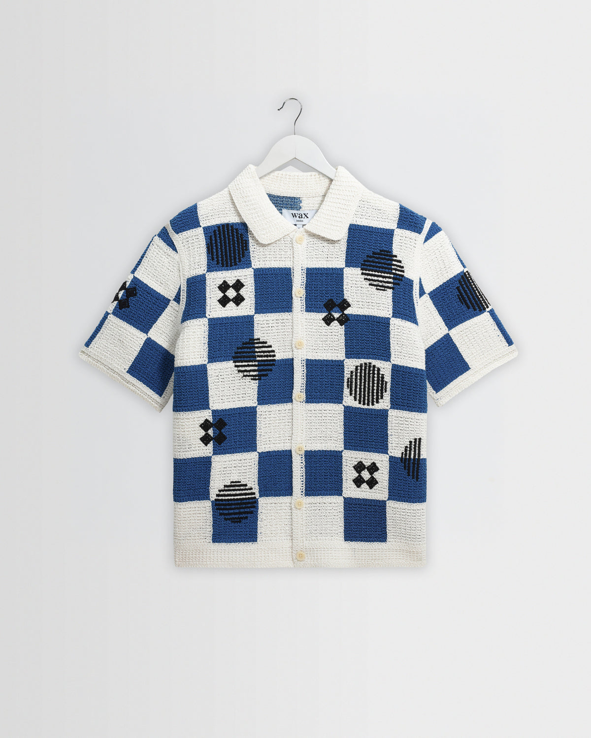 Porto - Ecru And Blue Square Crochet Knitted Shirt