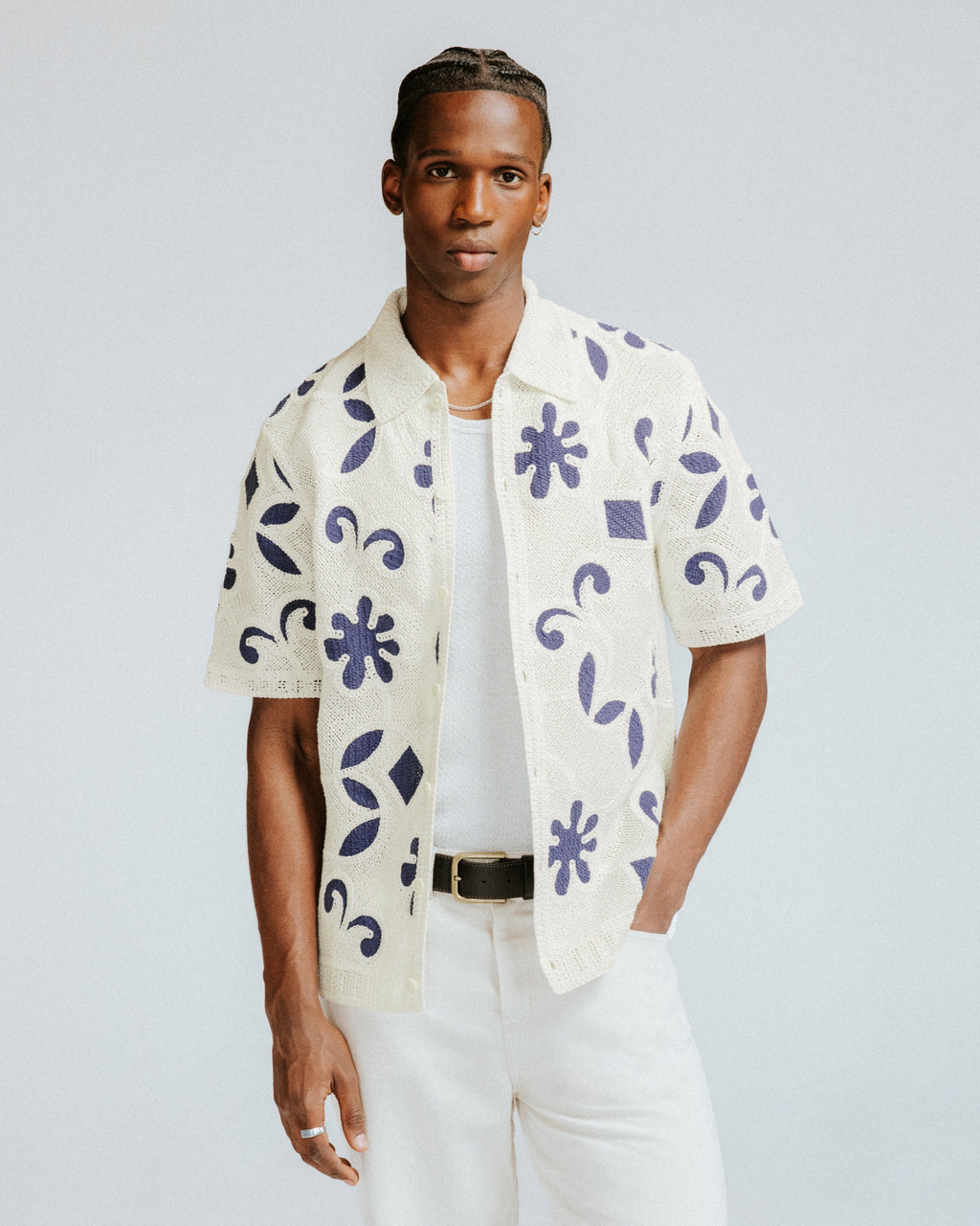 Porto - Ecru And Navy Doodle Crochet Knitted Shirt