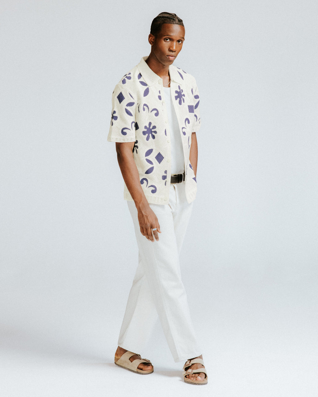Porto - Ecru And Navy Doodle Crochet Knitted Shirt
