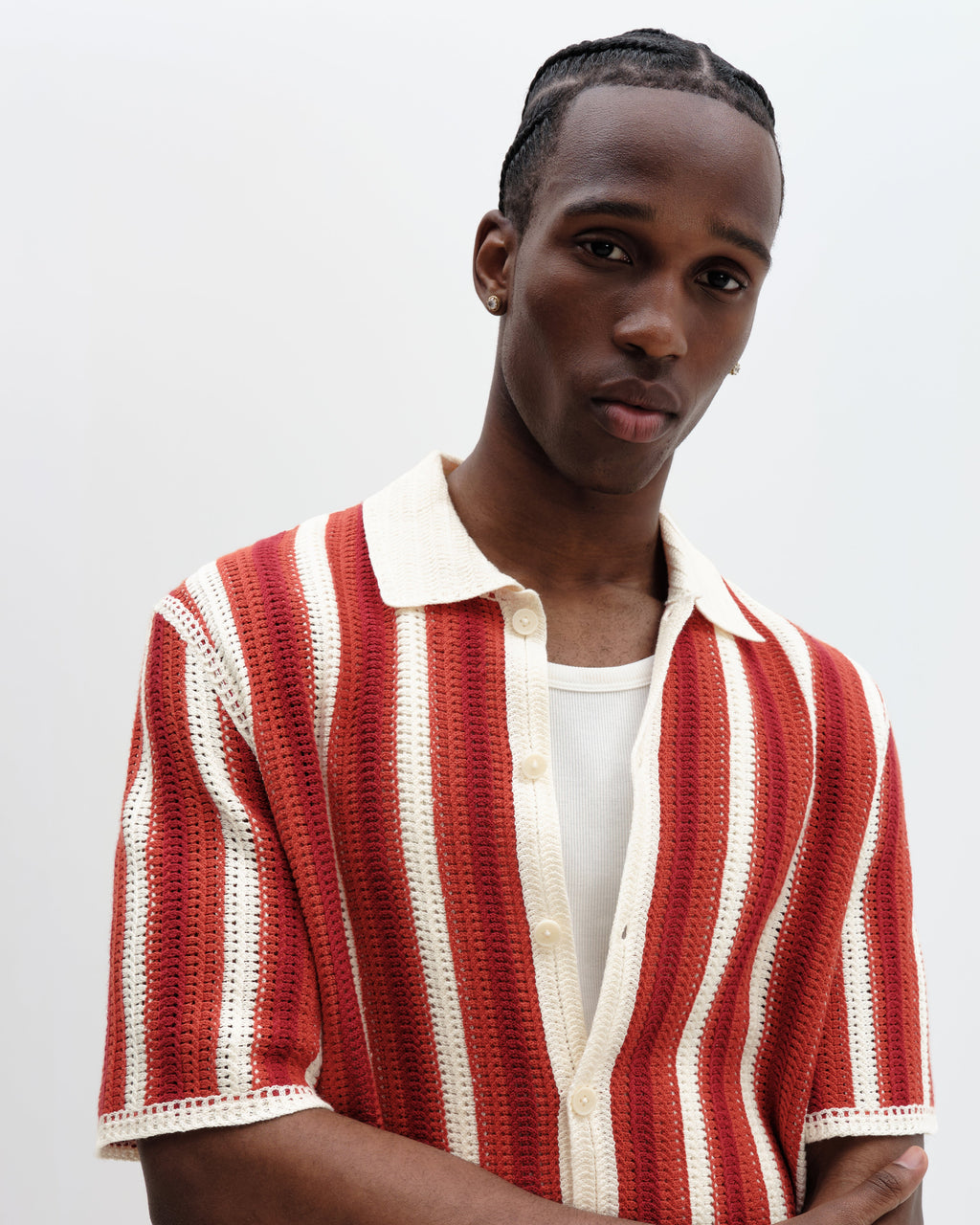 Porto - Ecru And Orange Stripe Crochet Knitted Shirt