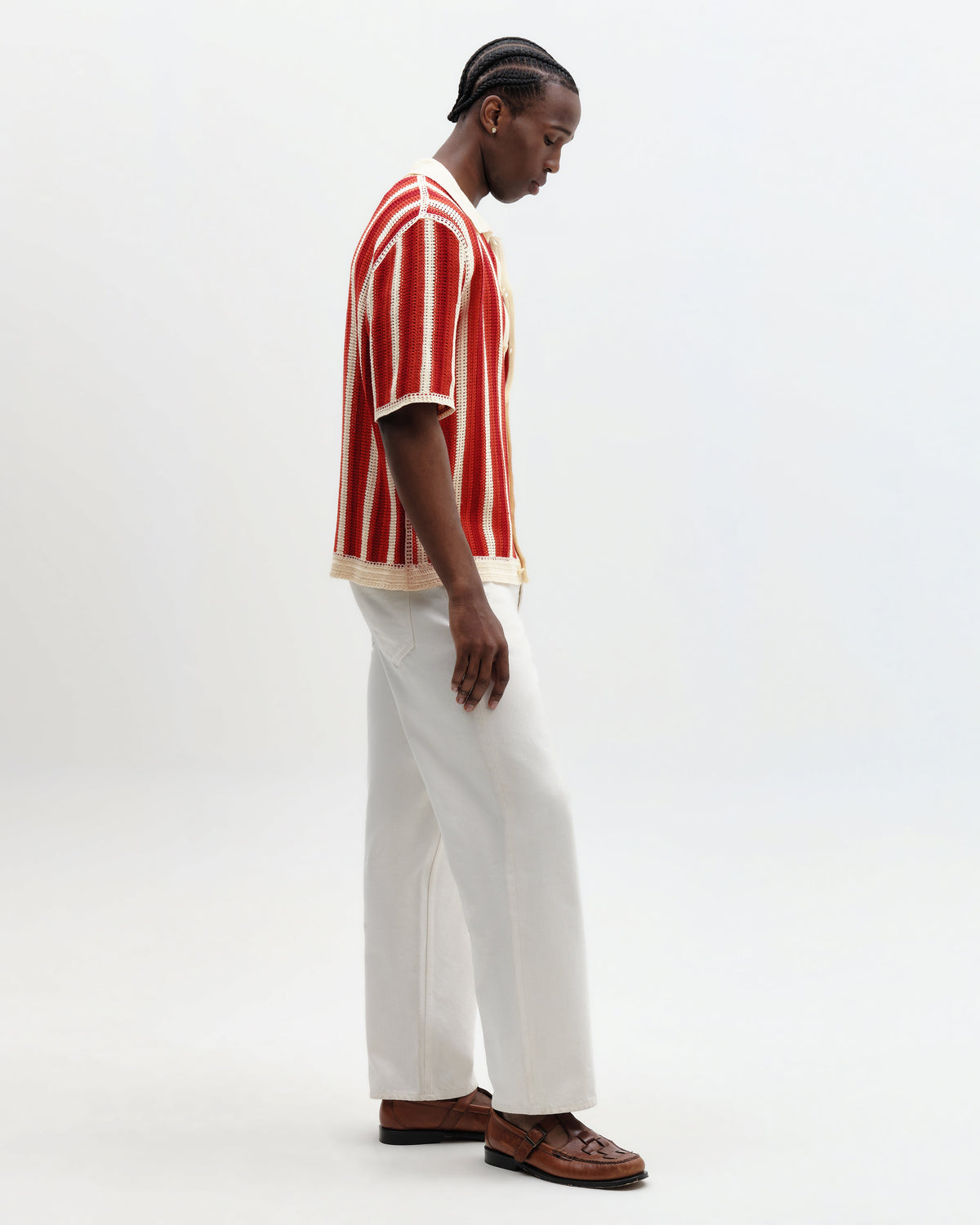 Porto - Ecru And Orange Stripe Crochet Knitted Shirt