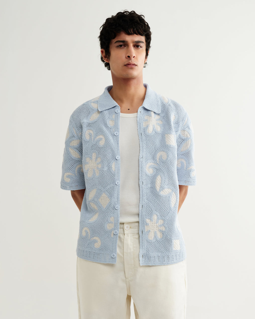 Porto - Pale Blue Doodle Crochet Knitted Shirt