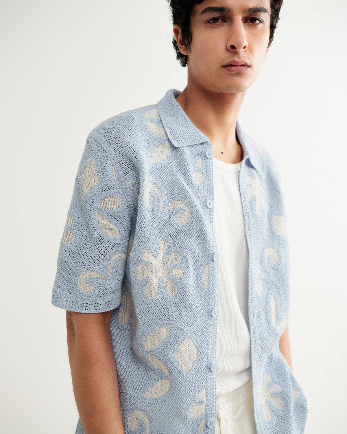 Porto - Pale Blue Doodle Crochet Knitted Shirt