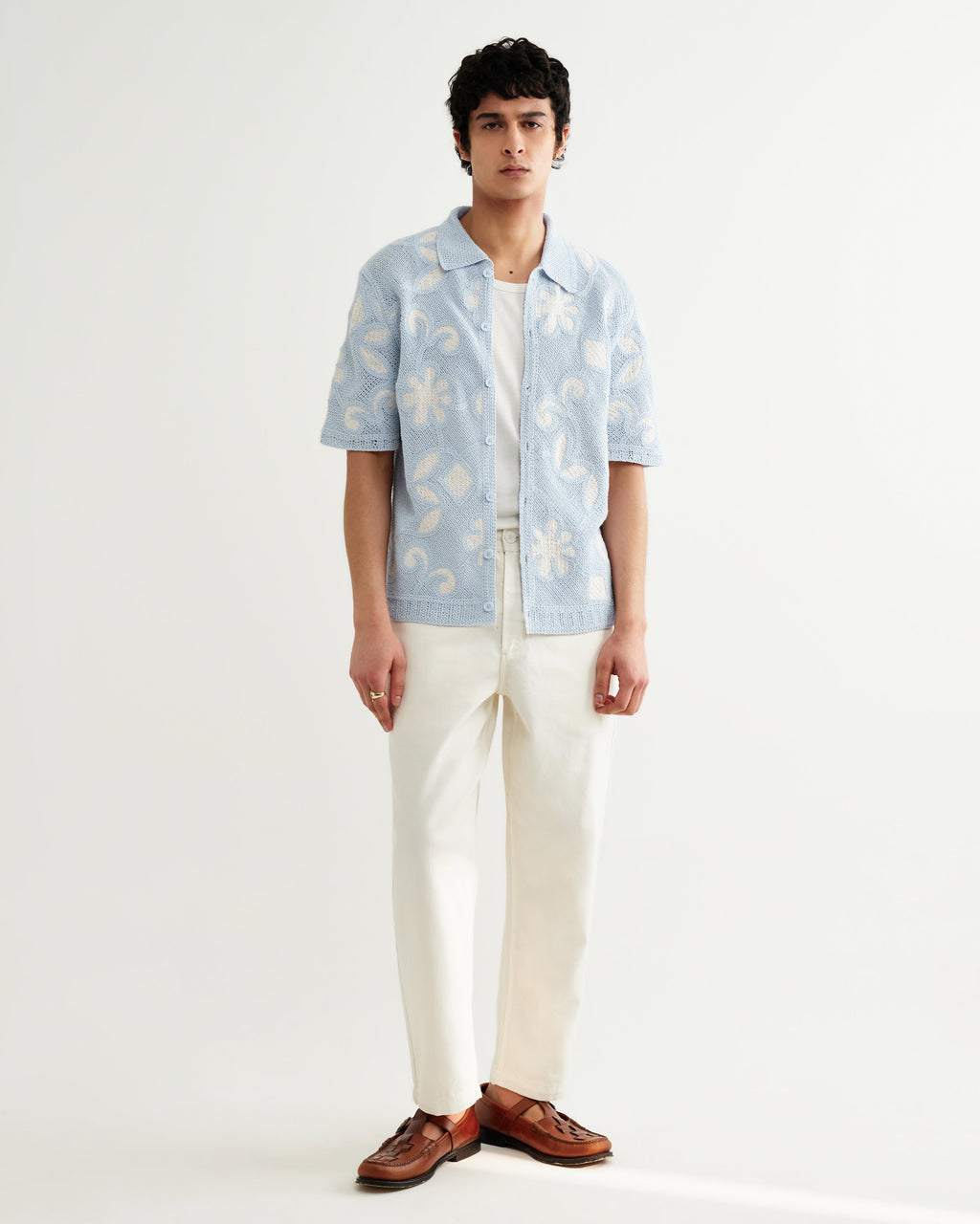 Porto - Pale Blue Doodle Crochet Knitted Shirt