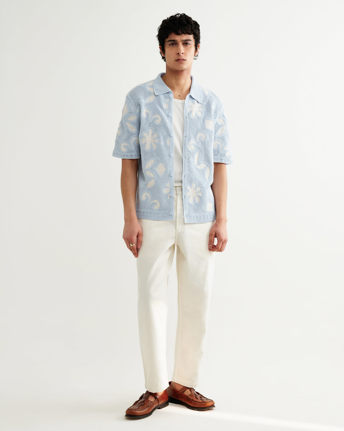 Porto - Pale Blue Doodle Crochet Knitted Shirt