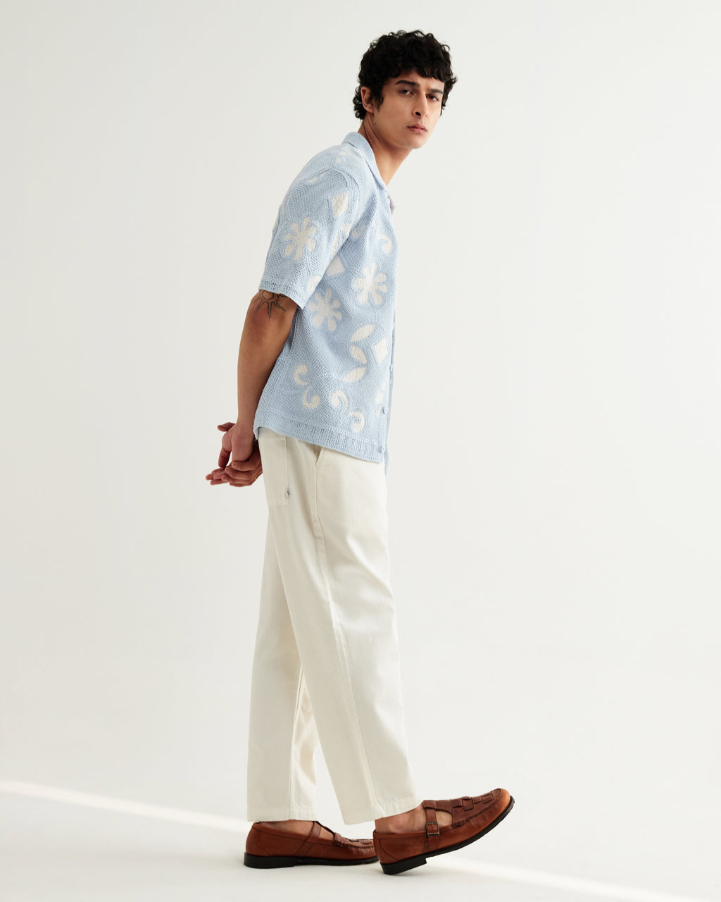Porto - Pale Blue Doodle Crochet Knitted Shirt