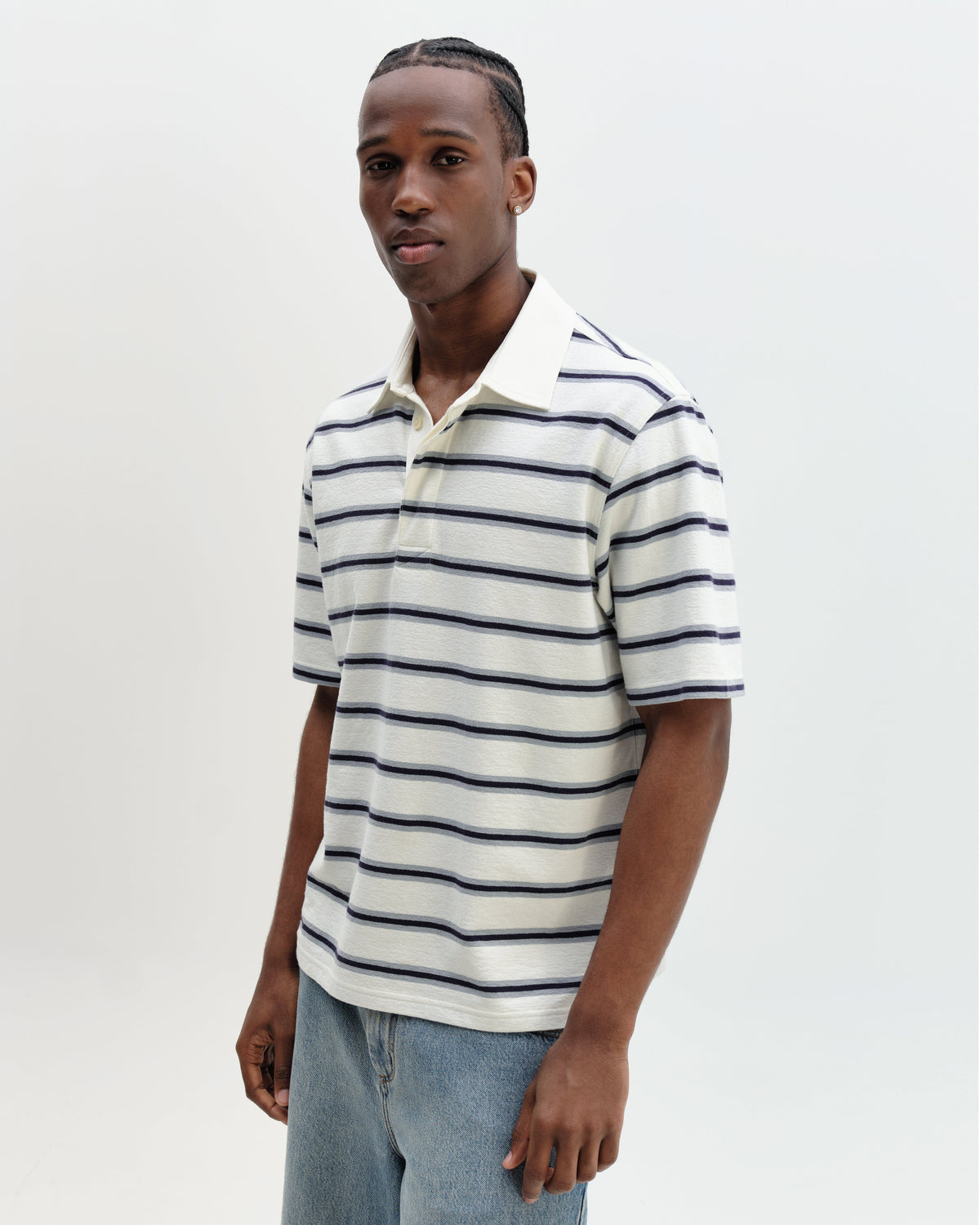 Redman - Ecru Textured Stripe Organic Cotton Polo Shirt