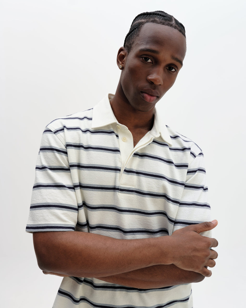 Redman - Ecru Textured Stripe Organic Cotton Polo Shirt