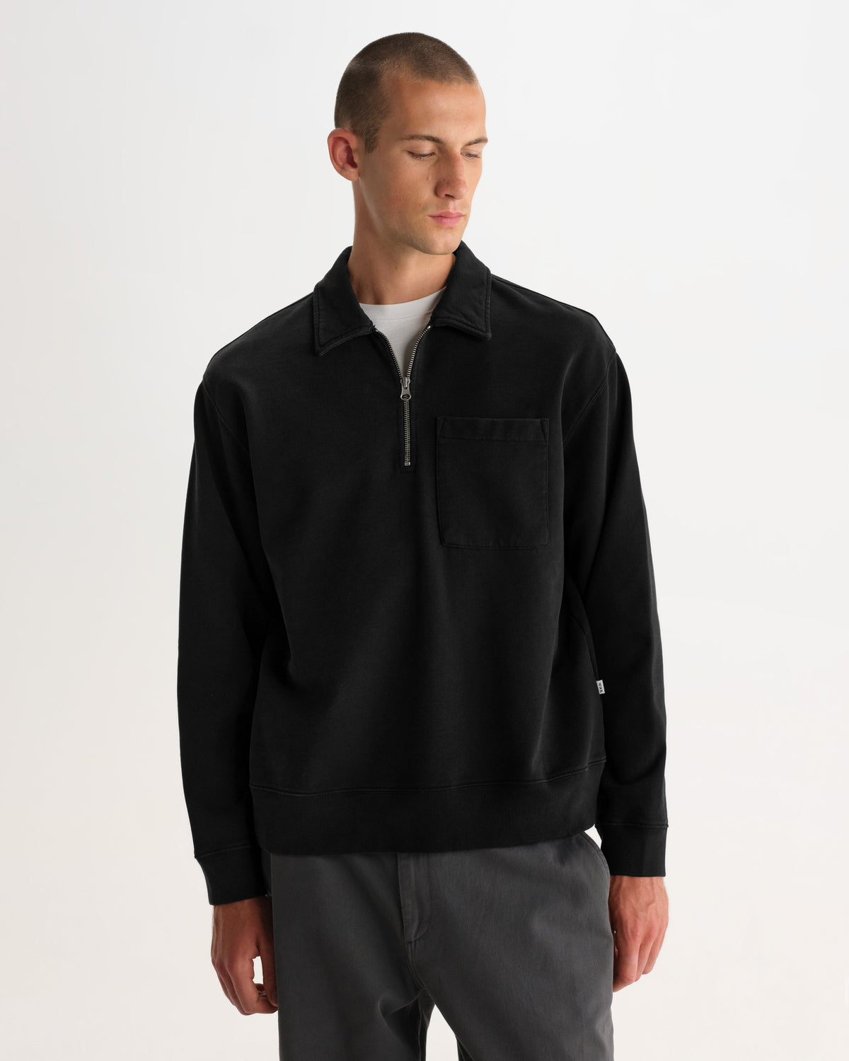Reeve - Washed Black Loopback Organic Cotton Collared Sweatshirt